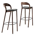Modern Wooden Frame Bar Stools With Grey Upholstered Seats And Footrest