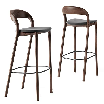 Modern Wooden Frame Bar Stools With Grey Upholstered Seats And Footrest 3d model
