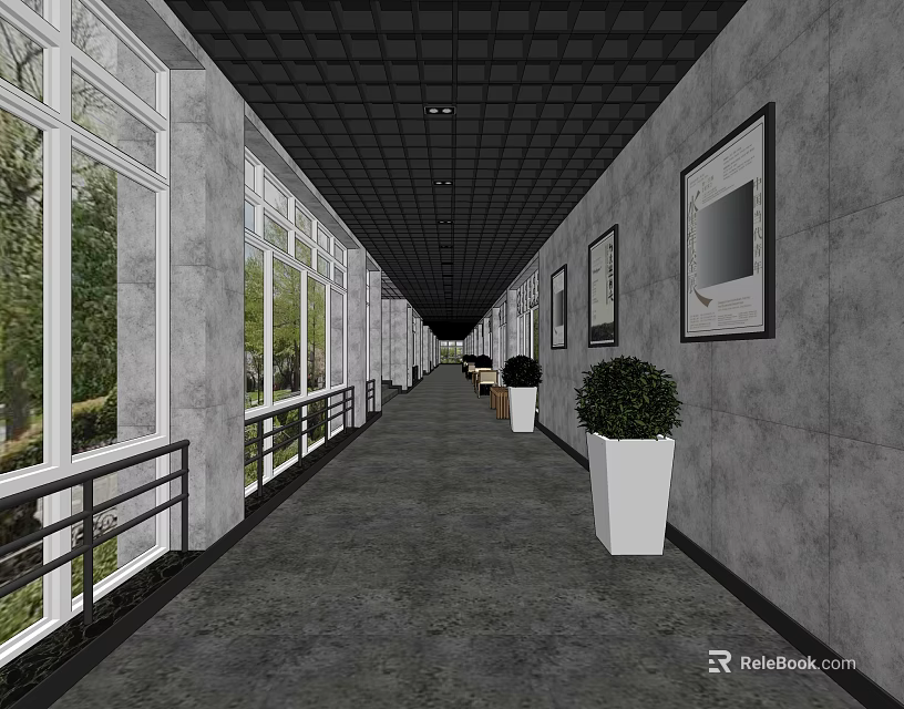 Elevator Corridor With Large Windows Trees Outside Framed Artworks And White Planters 3d model 