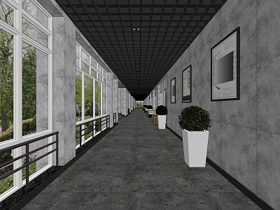 Elevator Corridor With Large Windows Trees Outside Framed Artworks And White Planters 3d model