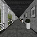 Elevator Corridor With Large Windows Trees Outside Framed Artworks And White Planters 3d model