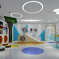 Bright Store Front Desk With Colorful Circular Floor Tree Shaped Decor Bookshelves And Sofa