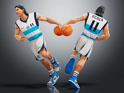 Dynamic Basketball Player Figure In Blue White Uniform With SULLA 11 Jersey And Basketball 3d model