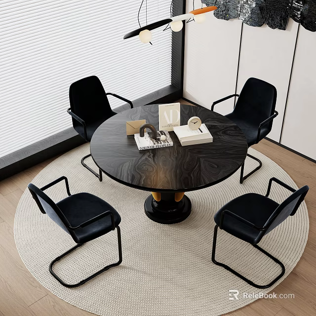 Modern Round Dining Table Set With Black Upholstered Chairs On Light Colored Rug 3d model