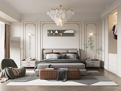 Elegant Modern Bedroom Interior With Paneled Walls Chandelier Bed Area Rug And Armchair 3d model