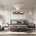 Elegant Modern Bedroom Interior With Paneled Walls Chandelier Bed Area Rug And Armchair