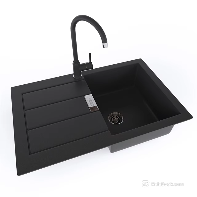 Modern Black Kitchen Sink With Faucet And Draining Board Design 3d model 