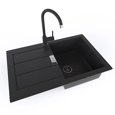 Modern Black Kitchen Sink With Faucet And Draining Board Design 3d model
