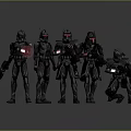 Game Movie Characters in Black Armor Standing with Red Glowing Elements and Weapons