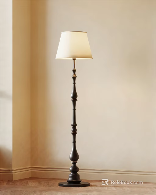 Classic Design Floor Lamp With White Lampshade And Dark Metal Stand In Neutral Room 3d model 
