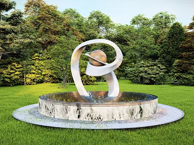 Outdoor Sculpture With White Circular Structure Central Sphere Circular Water Base Green Lawn And Trees 3d model