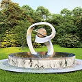 Outdoor Sculpture With White Circular Structure Central Sphere Circular Water Base Green Lawn And Trees