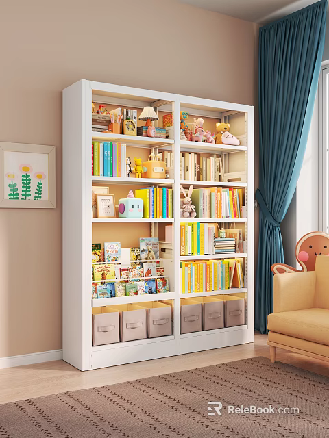 Spacious White Kids Bookshelf Filled With Colorful Children Books Cute Ornaments And Storage Bins 3d model 
