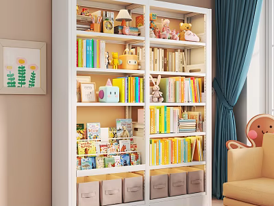 Spacious White Kids Bookshelf Filled With Colorful Children Books Cute Ornaments And Storage Bins 3d model