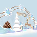 Festive Winter Scene With Snowflakes Reindeer Pine Trees And Lantern Decorations