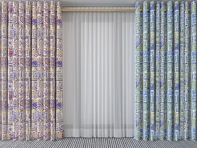 Colorful Printed Curtains With Sheer Panels And Various Patterns For Home Decor 3d model