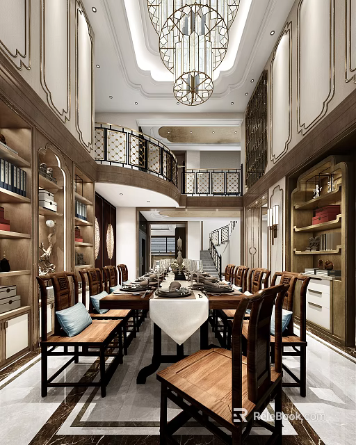 Elegant Solid Wood Dining Table With Chairs Chandelier And Bookshelf Decorations 3d model 