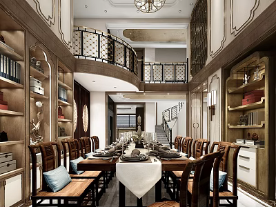 Elegant Solid Wood Dining Table With Chairs Chandelier And Bookshelf Decorations 3d model
