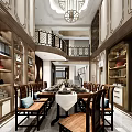 Elegant Solid Wood Dining Table With Chairs Chandelier And Bookshelf Decorations