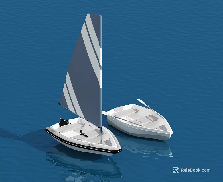 Wooden Boats Sailing On Blue Water With Striped Sail And White Hull 3d model 