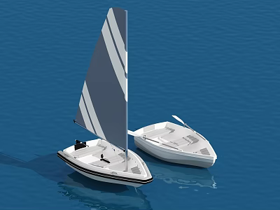 Wooden Boats Sailing On Blue Water With Striped Sail And White Hull 3d model