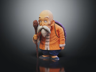 Cartoon Old Man Character With Bald Head Long Beard Orange Coat And Wooden Staff 3d model