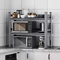 Practical Kitchen Shelf Organizing Cooking Utensils Plates Bowls Toaster Microwave And Red Cabinets