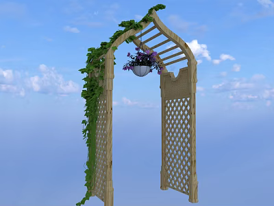 Wooden Trellis Arch With Green Ivy Hanging Flower Pot And Blue Sky Background 3d model
