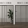 Modern Triple Sliding Glass Doors With Light Wall Wooden Floor And Green Plant