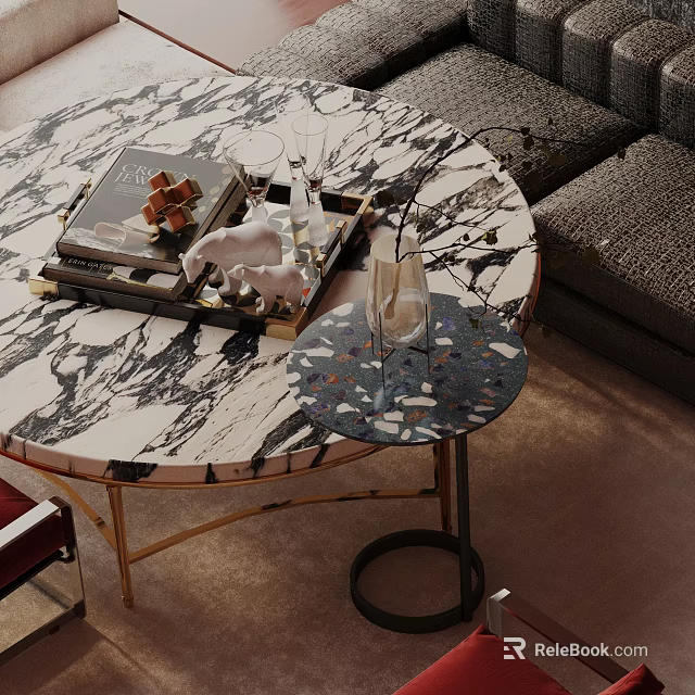 Gray Sofa and Round Marble Coffee Table Set with Decorative Books and Small Side Table 3d model 