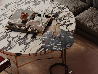 Gray Sofa and Round Marble Coffee Table Set with Decorative Books and Small Side Table 3d model