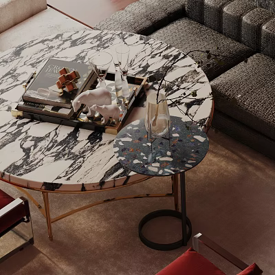 Gray Sofa and Round Marble Coffee Table Set with Decorative Books and Small Side Table 3d model