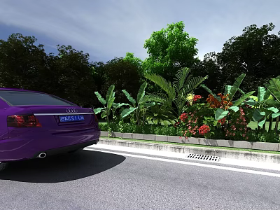 Roadside Garden Landscape With Green Trees Palm Leaves And Red Flowers 3d model