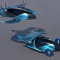 Futuristic Flying Vehicle And Ground Car With Streamlined Blue Design In Sky And Ground
