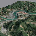 Aerial View Of Mountainous Terrain With Winding River And Urban Settlement