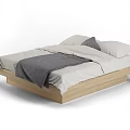 Modern Double Bed with Wooden Frame White Sheets and Gray Blanket 3d model