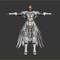 3D Warrior Character In Silver Intricate Armor With Winged Details And Outstretched Arms