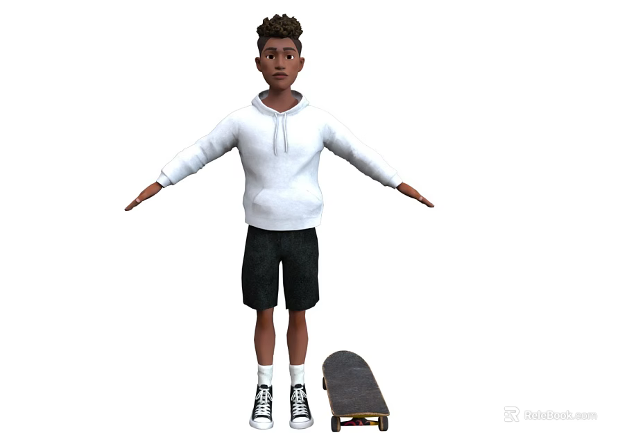 A young man wearing white hoodie black shorts with skateboard on white background 3d model 