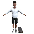 A young man wearing white hoodie black shorts with skateboard on white background
