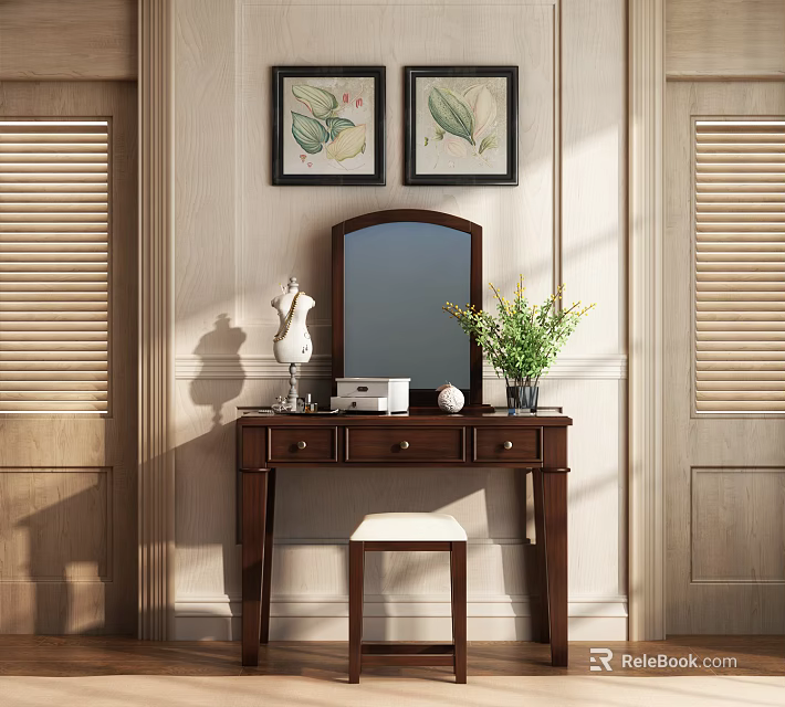 Elegant Wooden Dressing Table With Mirror Decorative Paintings Green Plant And Stool 3d model 