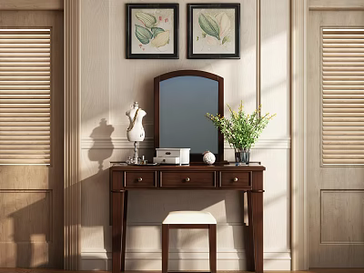 Elegant Wooden Dressing Table With Mirror Decorative Paintings Green Plant And Stool 3d model