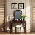 Elegant Wooden Dressing Table With Mirror Decorative Paintings Green Plant And Stool