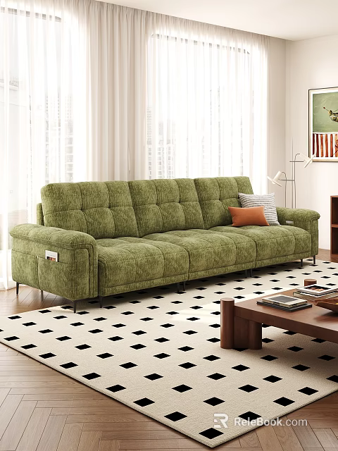 Green Sofa With Pillows And Wooden Coffee Table On Black White Geometric Rug 3d model 