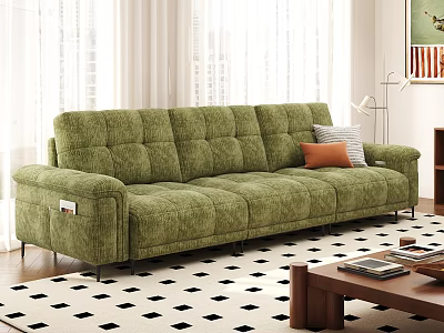 Green Sofa With Pillows And Wooden Coffee Table On Black White Geometric Rug 3d model