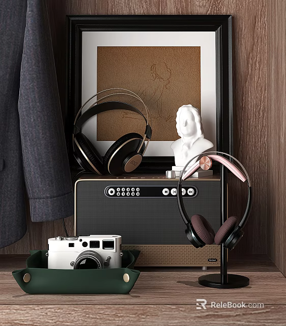 Stylish Headphones and Speaker on Wooden Tabletop with Suit Jacket Camera White Bust Framed 3d model 