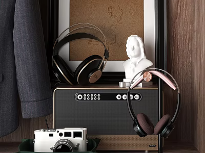 Stylish Headphones and Speaker on Wooden Tabletop with Suit Jacket Camera White Bust Framed 3d model