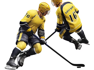 Men Playing Ice Hockey Skating With Sticks Wearing Yellow Jerseys With Number 16 And Richards 3d model