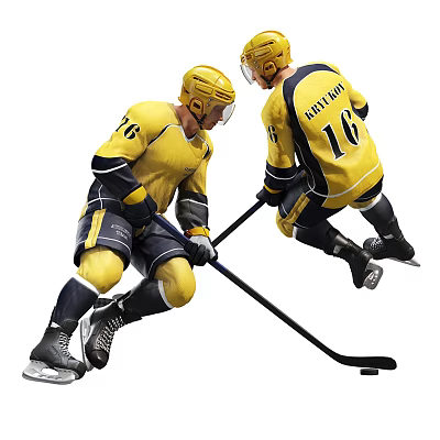 Men Playing Ice Hockey Skating With Sticks Wearing Yellow Jerseys With Number 16 And Richards 3d model