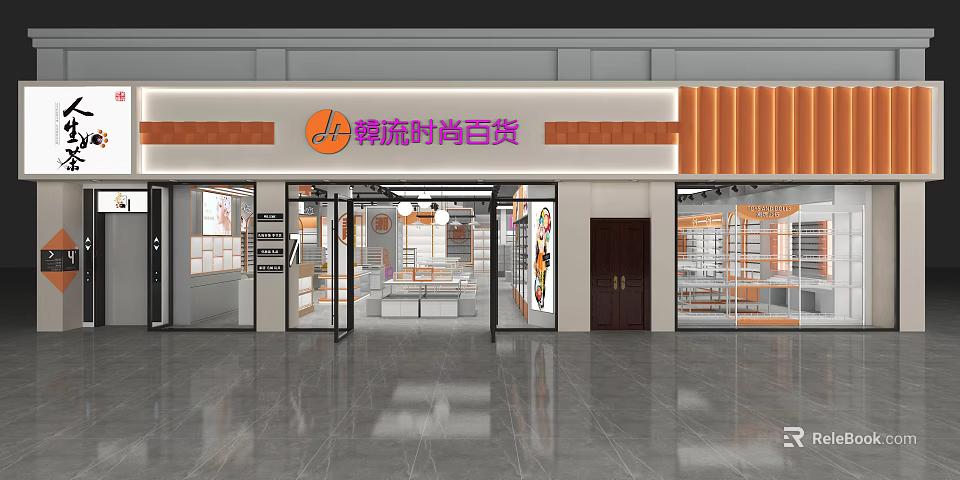 Lafang Fashion Department Store Storefront With Glass Entrance And Orange Decorative Strips 3d model 