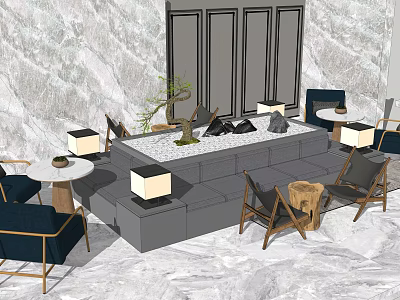 Modern Public Chairs In Lobby With Marble Floor Tables Lamps And Plants 3d model
